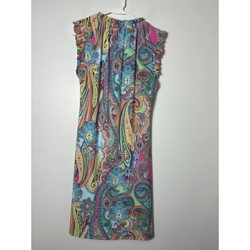 Tommy Hilfiger Paisley Print Mini Dress Sz 10 Ruffle Neckline Jersey Travel Knit